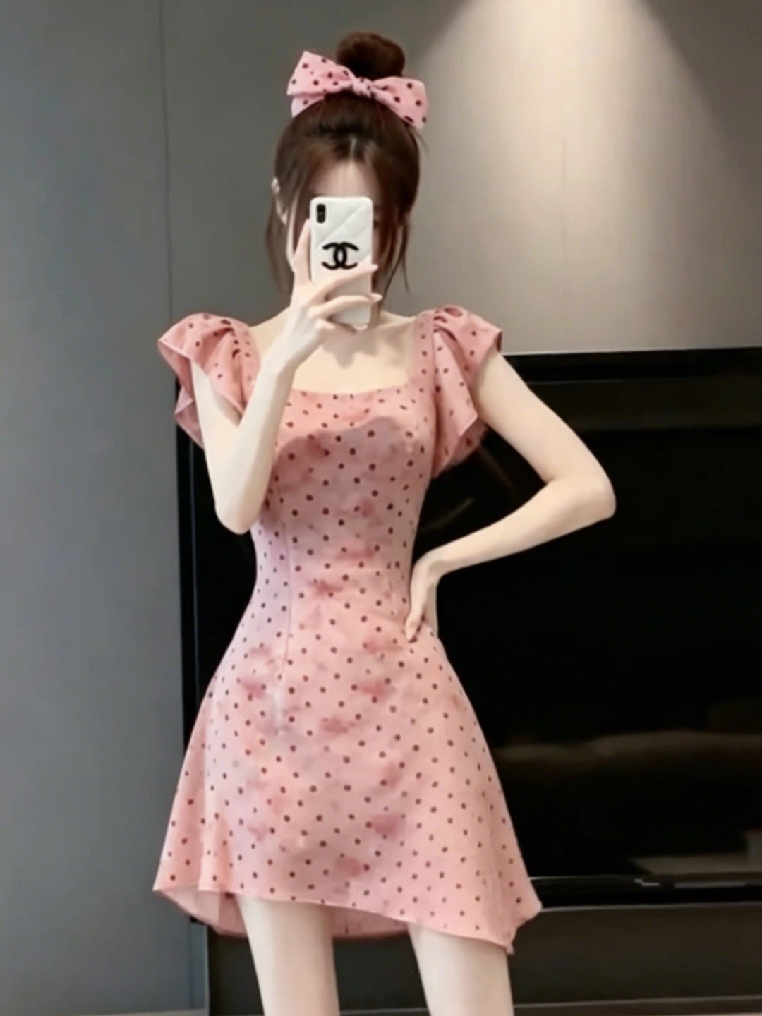 프랑스식 달콤한 스타일 핑크색 광장 칼라 도트 무늬 여성 드레스 여름 새로운 허리 수축 슬림해 보이는 A라인 스커트 품격 짧은 치마