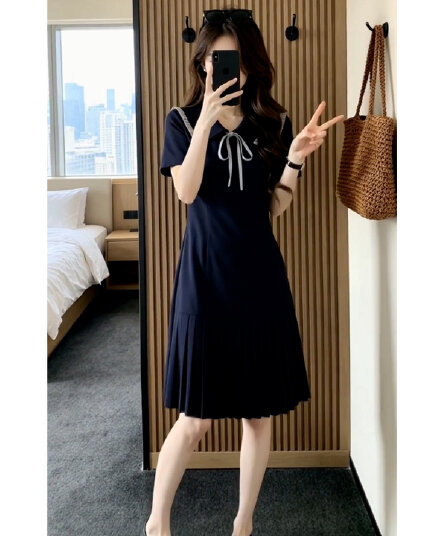 한 부서 학원 스타일 해군 칼라 드레스 아이들 여름 새로운 아름다운 작은 대중 아니요 명중 섹션 플리츠 미니 스커트