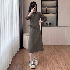 批发2026新款大码法式拼接<b class='q'>格子</b>减龄显瘦<b class='q'>连衣裙</b>