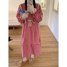 批发实拍#圣诞秋<b class='q'>冬</b>新品#2色 韩系少女格纹花边家居服睡衣睡裙