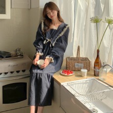 批发实拍#新品#2色 <b class='q'>春</b>季韩系少女格纹花边家居服睡裙