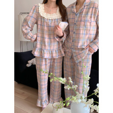 批发实拍#情侣新品 韩系少女减龄甜美格纹花边家居服<b class='q'>睡衣</b><b class='q'>套装</b>