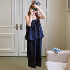 批发实拍#夏日2色 韩系甜美少女条纹吊带家居服睡衣套装