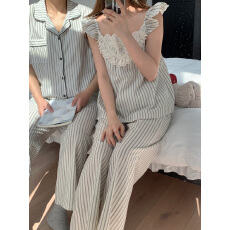 批发实拍#情侣新品#女款 韩系少女减龄条纹花边家居服睡衣套装