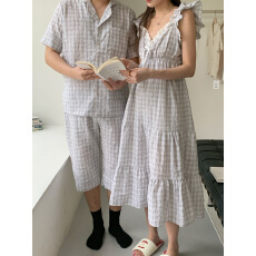 批发实拍#情侣新品#男款 韩系格纹简约翻领睡衣套装