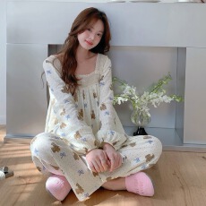 实拍#新品 初秋韩系少女减龄方领宽松花边家居服睡衣套装