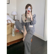 实拍#新品#2色 初秋韩系格纹少女花边家居服睡衣套装
