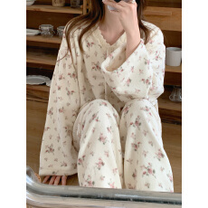 实拍#冬日毛绒新品#2色 韩系甜美碎花家居服睡衣套装