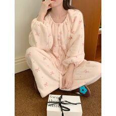 实拍#2色冬装新品 韩系加厚甜美蝴蝶结毛绒家居服睡衣套装