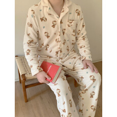 实拍#情侣款#男款 韩系卡通简约翻领加厚睡衣家居服套装
