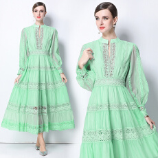 批发-法式时尚复古<b class='q'>连衣裙</b>蕾丝花边拼接V领设计灯笼袖<b class='q'>连衣裙</b>