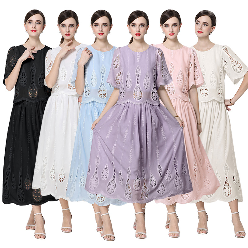 RY3420# 实拍-新品圆领镂空刺绣上衣+高腰半身刺绣套裙