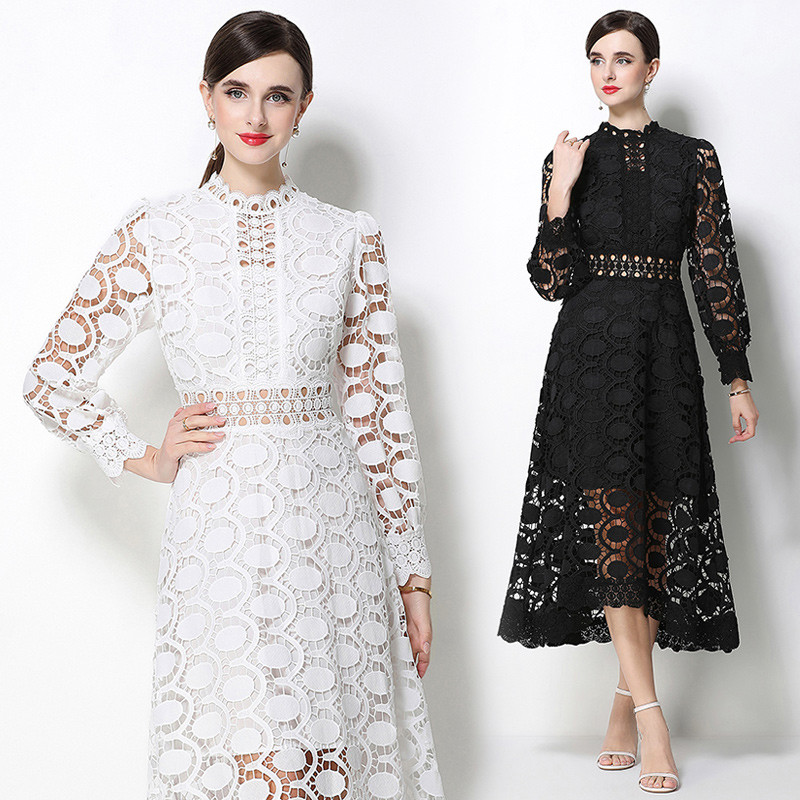 RY3421# 实拍法式名媛长袖秋季新品时尚收腰中长款连衣裙