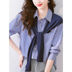 批发2025秋冬新款蓝条纹长袖衬衫女设计感小众宽松休闲百搭披肩上衣潮