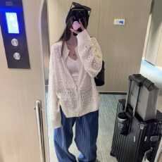 批发双拉链镂钩花中<b class='q'>长款</b>长袖针织开衫女2025新款早秋宽松休闲外套上衣