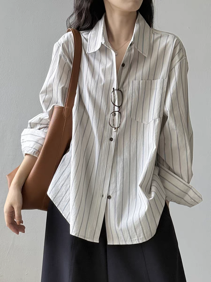 스트라이프 면 100% 긴팔 여성 셔츠 2026 봄 새로운 캐주얼 BF 바람 루즈핏 슬림해 보이는 도루 센스 고급 센스 맨위