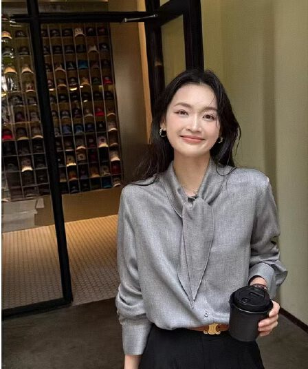 fol else 법 좋은 맨 데이 실크 양모 레이스업 리본 긴팔 셔츠 루즈핏 슬림해 보이는 맨위 여성
