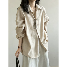 批发天丝亚麻翻领衬衫女春夏老钱风内搭法式上衣防晒开衫外套v领衬衣