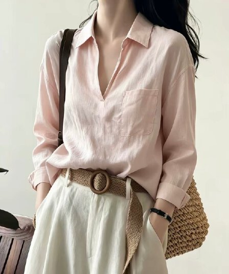 오래된 돈 바람 레트로 라미 V넥 자외선 차단 긴팔 여성 셔츠 여름 캐주얼 루즈핏 다용도 출퇴근 셔츠 맨위