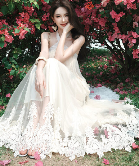 Breeze 향수 해변가 휴가 바람 백리스 무거운 작업 품격 행침 목 쉬폰 드레스 플리츠 스커트 민소매 롱 스커트