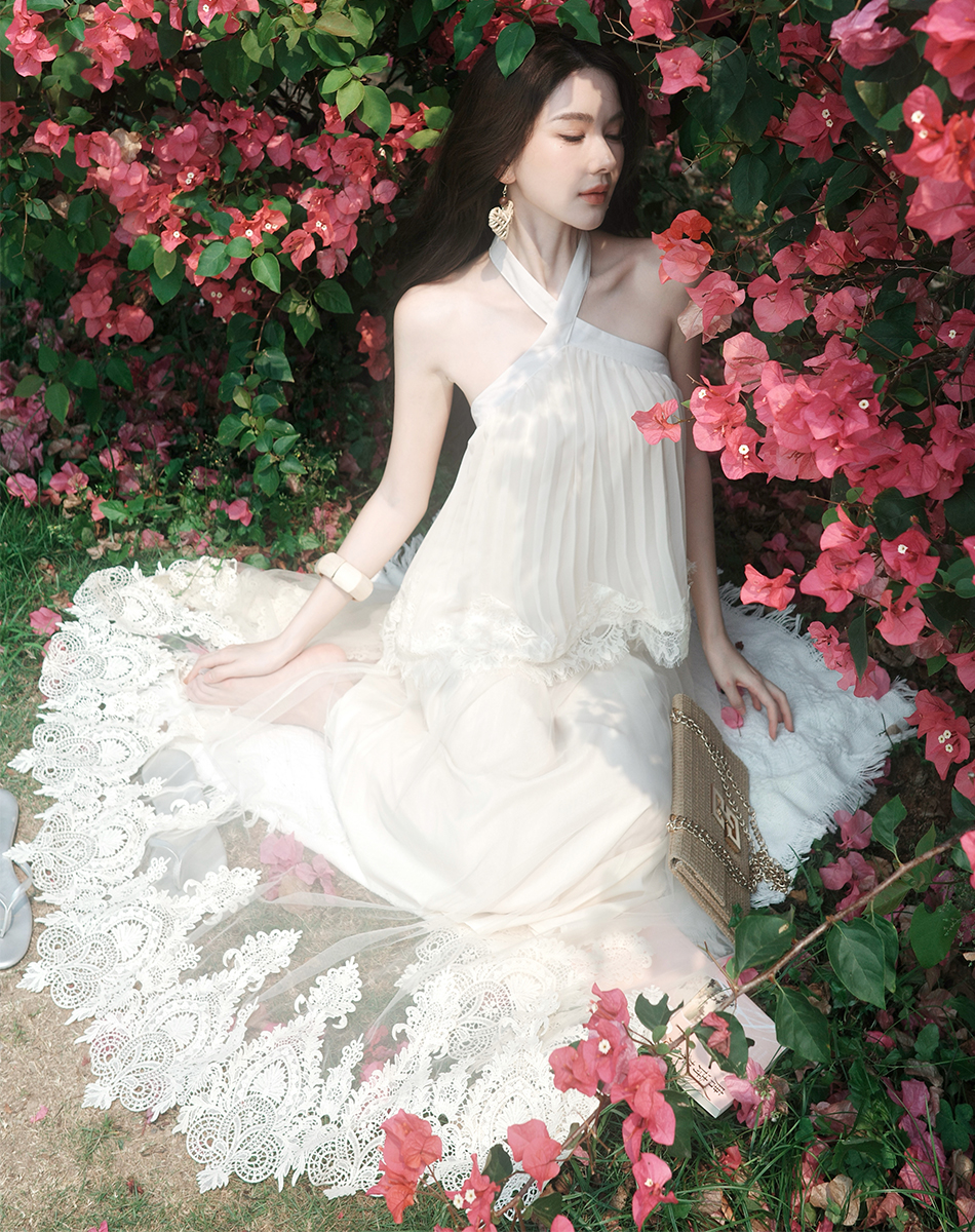 Breeze 향수 해변가 휴가 바람 백리스 무거운 작업 품격 행침 목 쉬폰 드레스 플리츠 스커트 민소매 롱 스커트