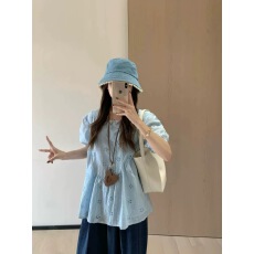 批发蓝色泡泡短袖衬衫<b class='q'>女</b>夏2026<b class='q'>新款</b>镂空小碎花衬衣遮肚子显瘦