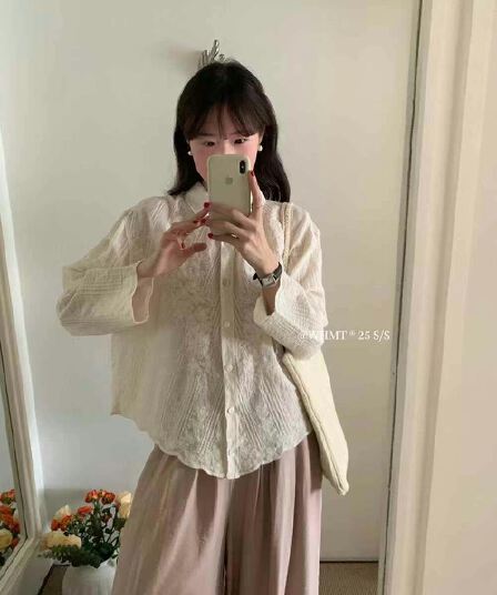 한 부서 문예 레트로 POLO 칼라 레이스 자수 셔츠 봄 가을 외국 가스 연령 감소 루즈핏 다용도 품격 맨위