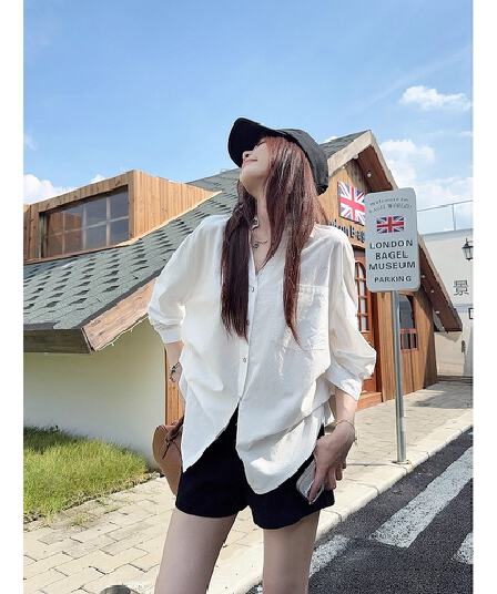 한 부서 디자인 V넥 거품 소매 화이트 셔츠 여성 의류 이른 가을 새로운 오래된 돈 바람 루즈핏 슬림해 보이는 허리 수축 맨위
