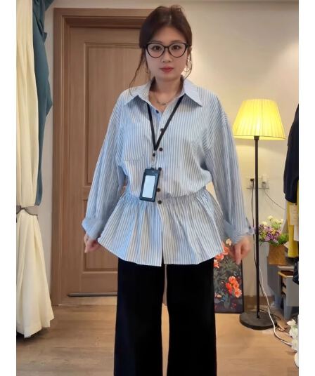 파란색 긴팔 스트라이프 셔츠 이른 가을 여성 의류 2026 새로운 허리 수축 셔츠 한 부서 chic Chic 작은 셔츠 맨위