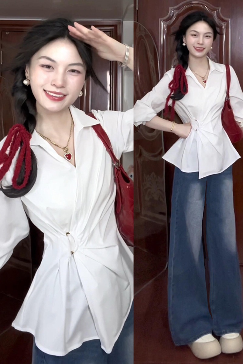 새로운 품격 출퇴근 V넥 화이트 여성 셔츠 여름 자외선 차단 외부 가져 가라. 셔츠 디자인 센스 허리 수축 맨위