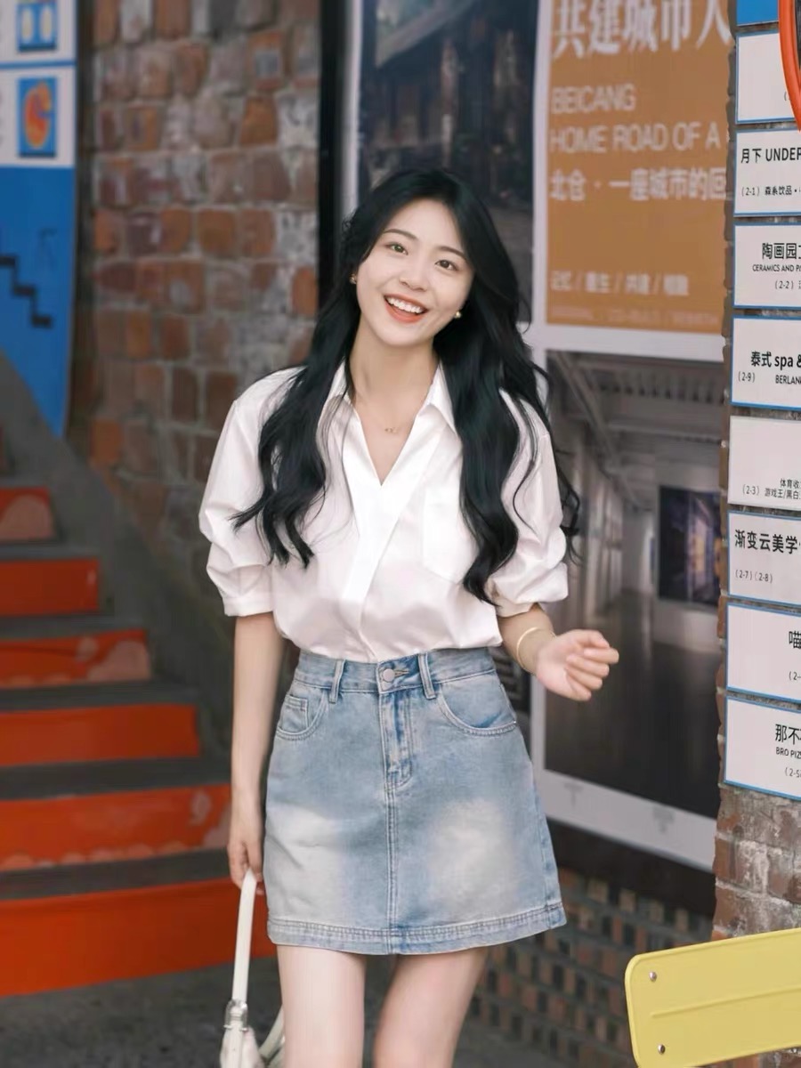 화이트 반팔 셔츠 2024 새로운 여성 여름 레트로 V넥 품격 고급 센스 외국 가스 chic 작은 키 맨위