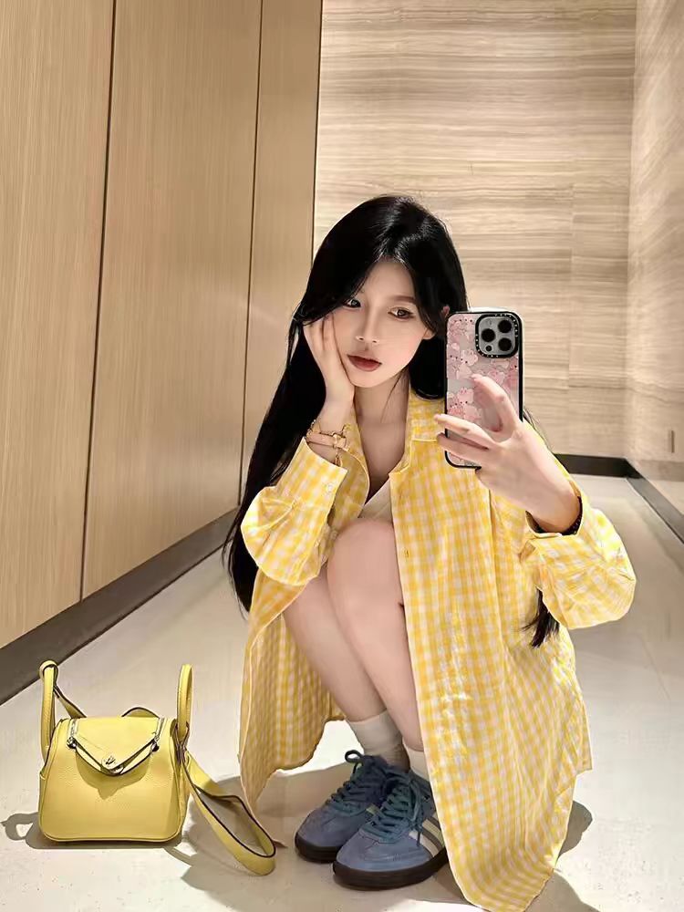 황색 느긋한 바람 긴팔 격자 무늬 셔츠 슬림해 보이는 루즈핏 홍콩 느낌 레트로 chic 맨위 가을 얇은 스타일 태양 보호 셔츠