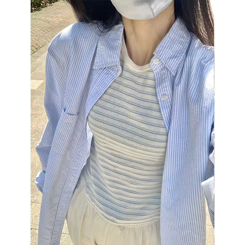 파란색 스트라이프 자외선 차단 의류 여성 셔츠 여름 항구 바람 chic Chic 작은 대중 프랑스식 맨위 긴팔 셔츠 재킷