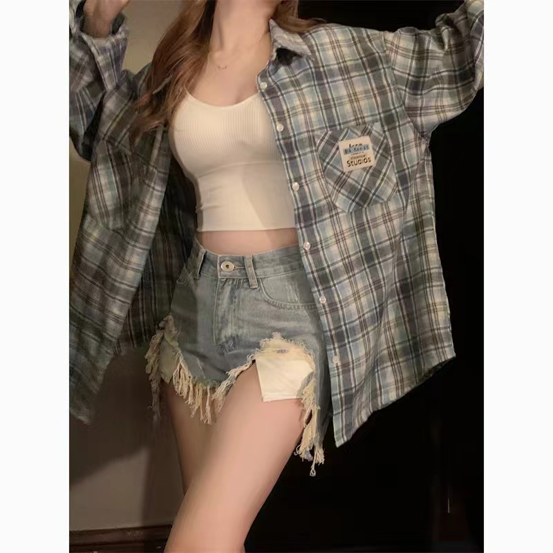 ddxz 저녁 어린이 오리지널 직접 만든 여름 한국 스타일 안개 파란색 연삭 털 긴팔 막대기 표준 격자 무늬 셔츠 다용도 느긋한 여성