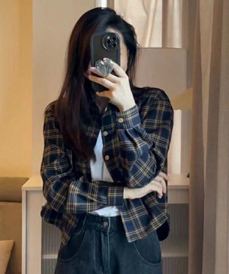 레트로 격자 무늬 셔츠 여성 짧은 재킷 봄 가을 2026 새로운 폭발 긴팔 맨위 고급 센스 셔츠