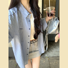 批发法式蓝色条纹<b class='q'>衬衫</b>上衣女春秋2026新款设计感休闲<b class='q'>长袖</b>宽松<b class='q'>衬衣</b>外套