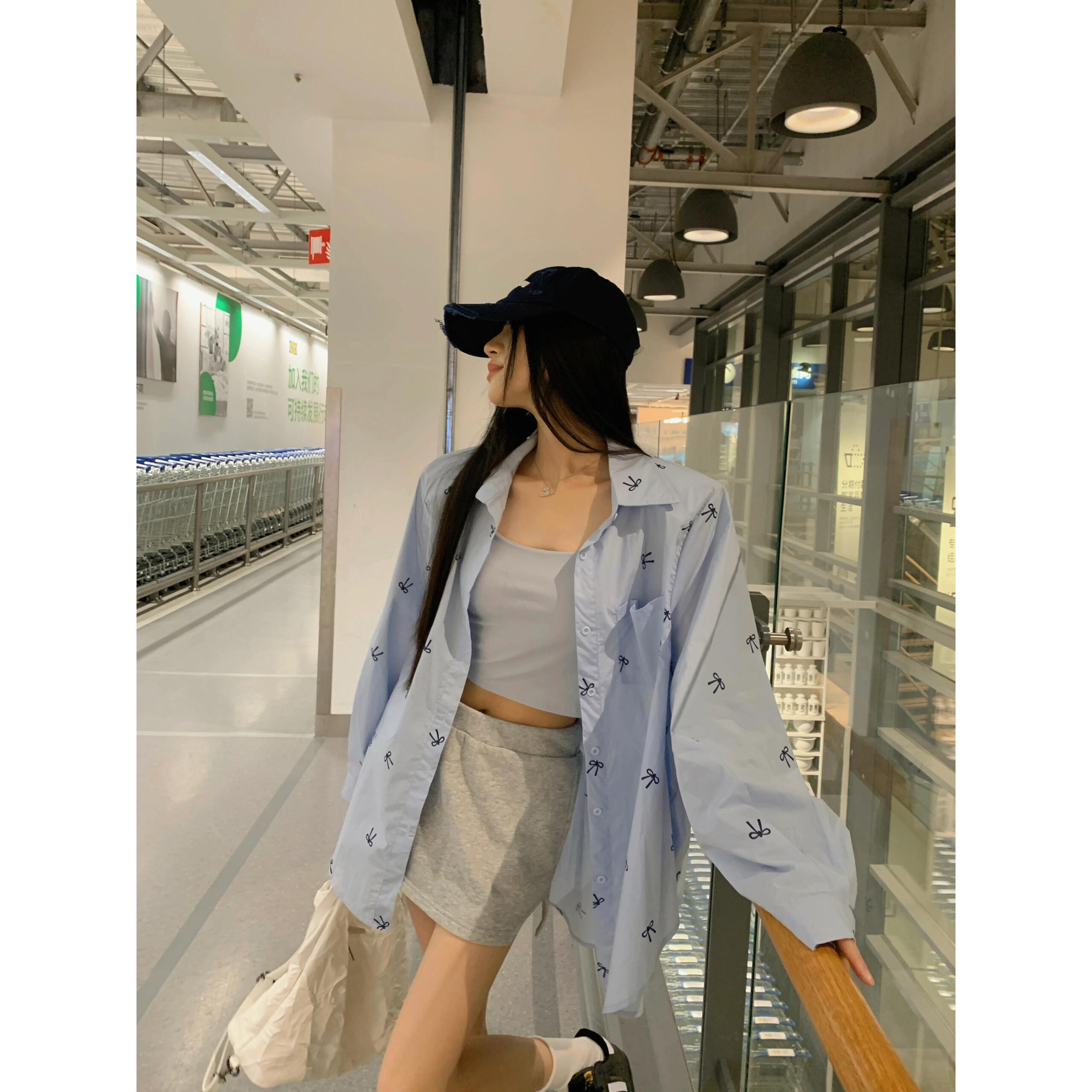 한 부서 루즈핏 느긋한 바람 나비 매듭 프린트 긴팔 셔츠 디자인 센스 캐주얼 셔츠 재킷