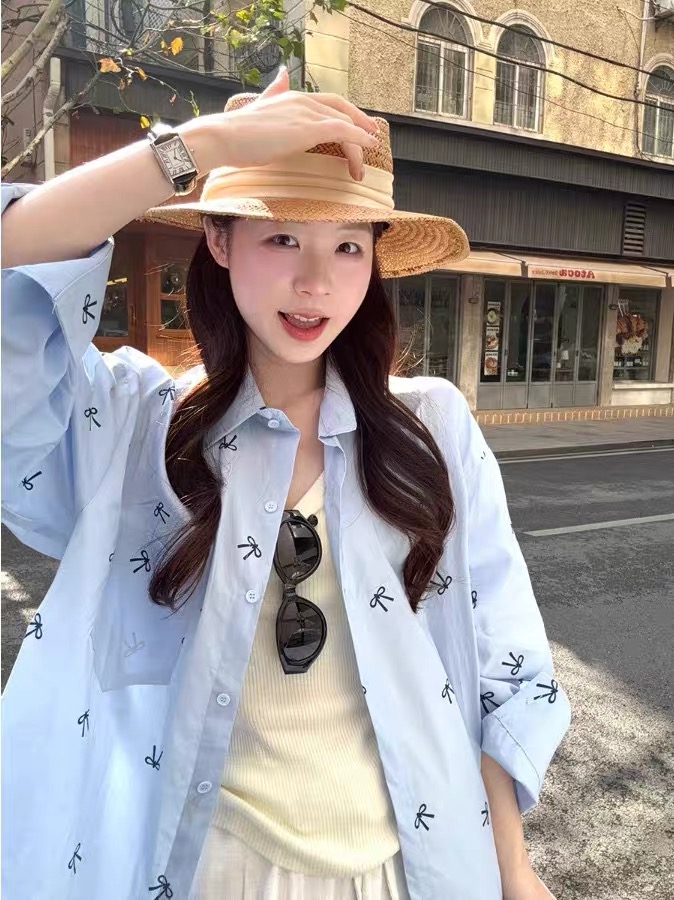 루즈핏 긴팔 파란색 자외선 차단 여성 셔츠 봄 Chic 나비 매듭 느긋한 캐주얼 달콤함 품격 맨위 셔츠