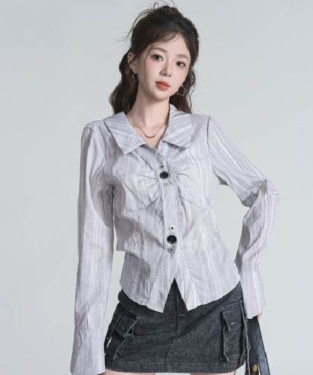 한 부서 chic 불규칙 주름 긴팔 여성 셔츠 가을 폴로 칼라 Chic 스트라이프 셔츠 파란색 슬림해 보이는 맨위
