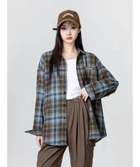 조수 브랜드 더블 색상 연삭 털 격자 무늬 셔츠 남녀 가을 레트로 아메리칸 루즈핏 긴팔 셔츠 커플 재킷