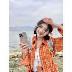 批发复古美式橙色设计格纹<b class='q'>短袖</b>衬衫男女宽松<b class='q'>情侣</b><b class='q'>格子</b>衬衣百搭休闲外套