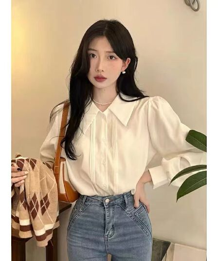 프랑스식 폴로 칼라 도루 센스 화이트 여성 셔츠 디자인 센스 작은 대중 루즈핏 맨위 품격 레트로 거품 소매 셔츠 얇은 스타일