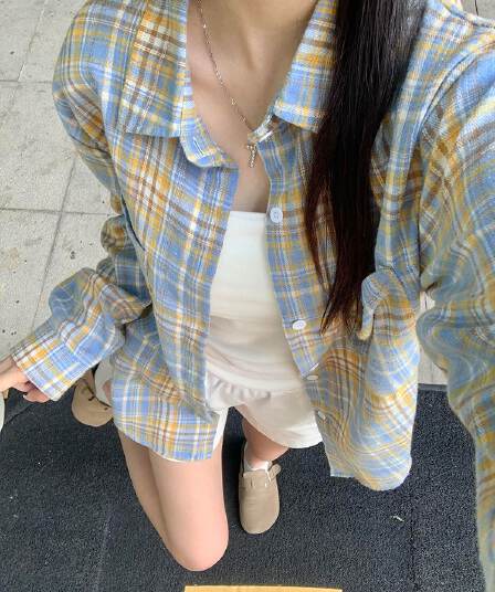 원본 것 두 주머니 도파민 달콤함 우유 황색 순면 체크무늬 여성 셔츠