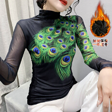 批发欧货女装2025冬季时尚洋气高领网纱<b class='q'>t</b><b class='q'>恤</b>女加绒加厚上衣实拍