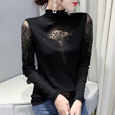 批发2025秋冬刺绣拼接烫钻长袖女百搭性感镂空半高领上衣<b class='q'>打底衫</b>实