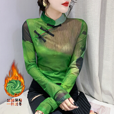 批发中国风复古2025秋冬加绒加厚立领设计感盘扣显瘦扎染<b class='q'>打底衫</b>
