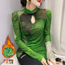 批发中国风复古2025秋冬加绒加厚立领设计感盘扣显瘦扎染<b class='q'>打底衫</b>