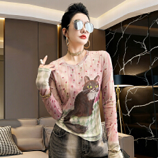 批发卡通猫咪印花面膜T恤女<b class='q'>欧洲</b>站2026春夏新款欧货女装防晒打底衫潮