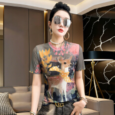 批发小鹿印花上衣欧洲站2026夏季修身显瘦型时尚百搭网纱扎染上衣