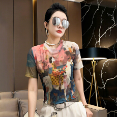 批发白马印花网纱短袖T恤女2026夏季超火减龄时尚显瘦气质烫钻上衣潮